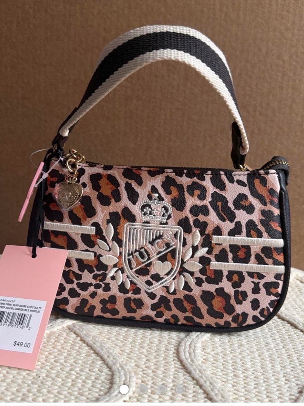 Juicy Couture Pink Leopard Print Mini Shoulder Bag with Black-White Strap